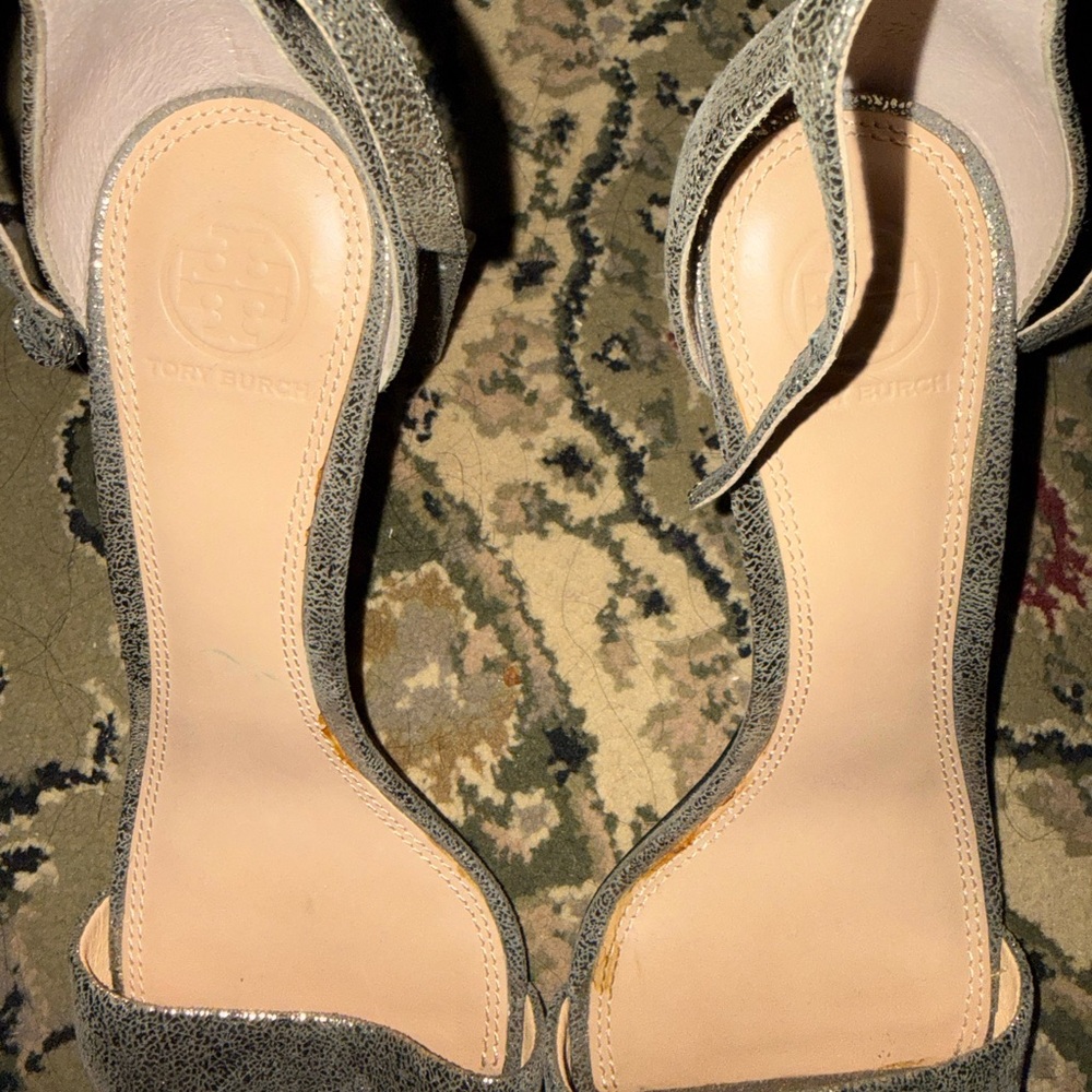Tory Burch Keri Crackled Metallic Sandal Pewter Stiletto Heels - Picture 7 of 8